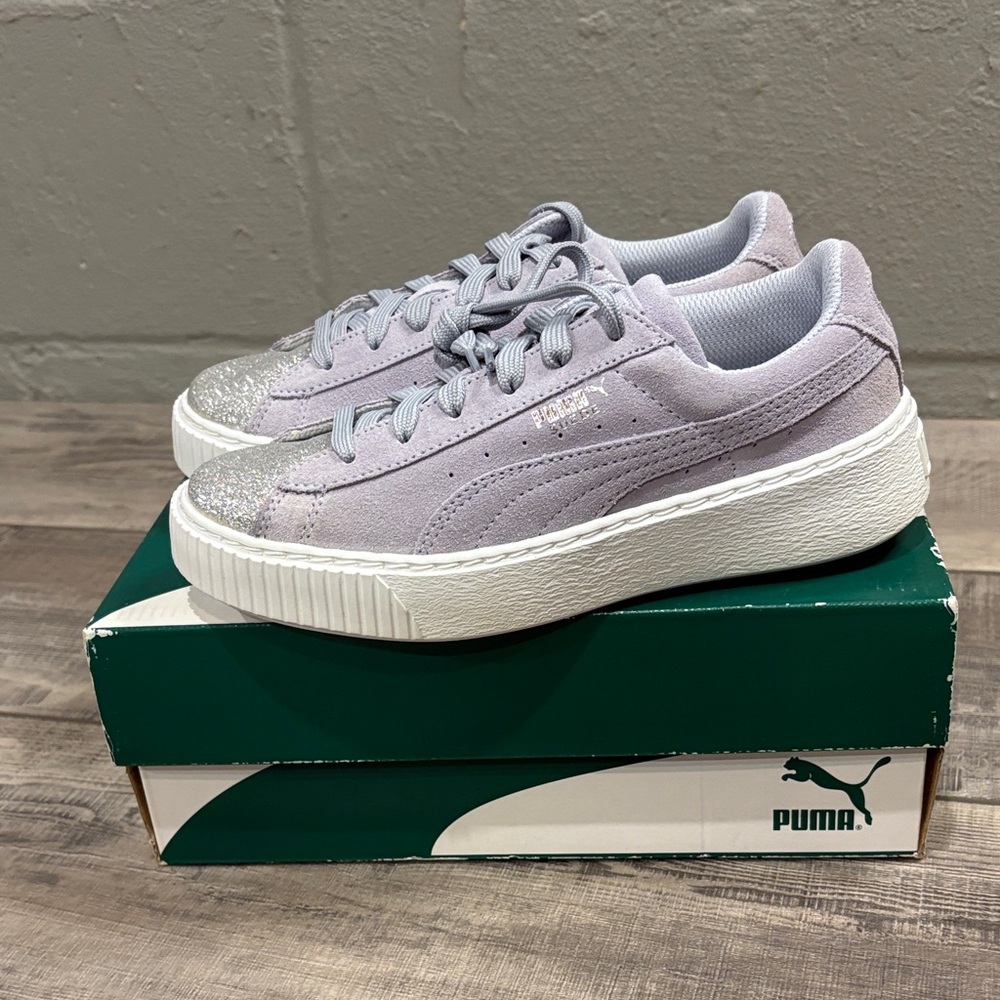 PUMA Purple Suede Silver Glitter Toe Platform Sneakers NWT Youth 3.5